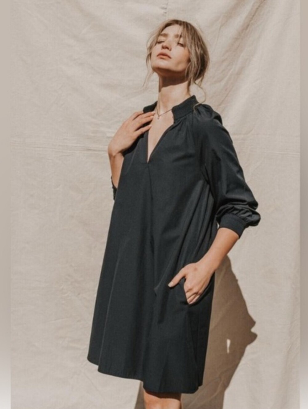 Brochu Walker Amaia Dress Poplin Black Gray Women's XS Minimalist JCP3834 V-Neck